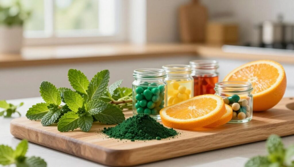 A visually appealing arrangement of natural ingredients essential for oral health, prominently featuring brightly colored elements like fresh peppermint leaves, vibrant orange slices, and deep green spirulina powder. In the foreground, a clean, wooden cutting board displays an assortment of herbs and fruits, alongside small glass jars filled with probiotic capsules, each showcasing different colors. The middle ground includes a blurred view of a sunny kitchen setting, enhancing the freshness of the ingredients. The background features soft, natural light streaming through a window, creating a warm and inviting atmosphere. The composition exudes a sense of health and vitality, perfectly suited to illustrate the benefits of natural ingredients for teeth and gum health.
