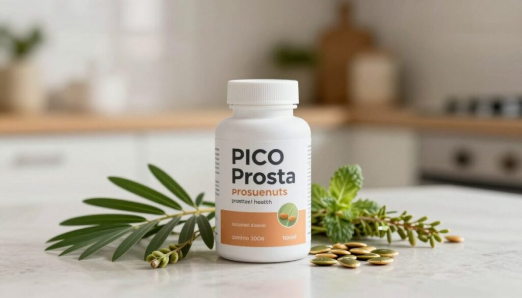 A visually appealing arrangement of the Pico Prosta supplement bottle, prominently displayed in the foreground with a clean, modern design featuring natural colors and health-focused graphics. Surround the bottle with fresh herbs and botanical elements that symbolize prostate health, such as saw palmetto and pumpkin seeds, arranged artistically. In the middle ground, include a contrasting background of a soft-focus kitchen countertop, bathed in warm, natural lighting to evoke a sense of wellness and vitality. The overall mood should be inviting and serene, suggesting a healthy lifestyle. Use a shallow depth of field to emphasize the supplement while keeping the background slightly blurred, creating a professional and polished look.