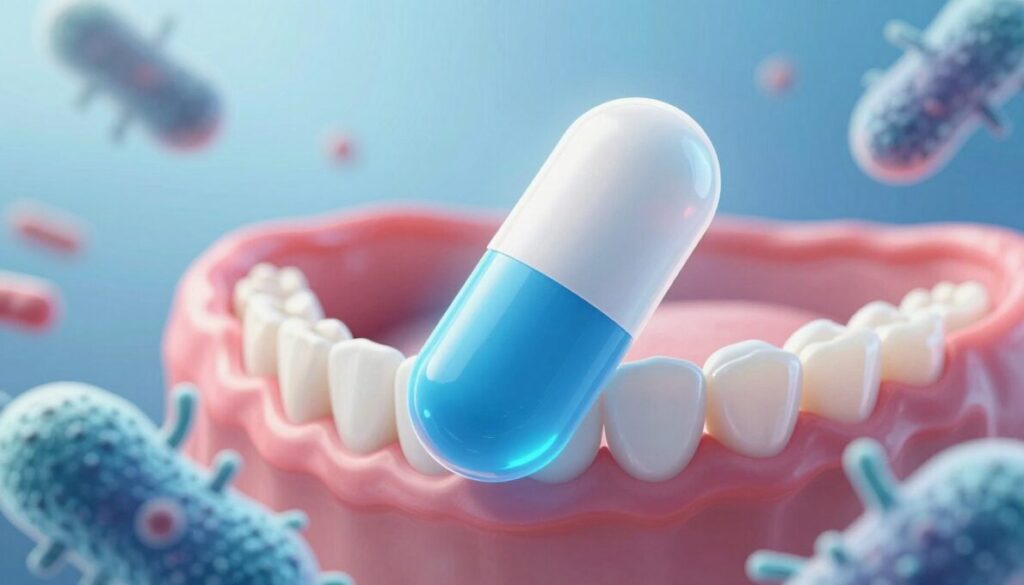 A visually engaging and informative scene depicting an oral probiotic, illustrated as a bio-luminescent capsule suspended in a soft, blue gradient background that evokes a sense of cleanliness and freshness. In the foreground, the capsule is surrounded by microscopic imagery of beneficial bacteria, showcasing their positive interaction with the gum tissue. The middle ground features a subtle representation of a healthy mouth with strong gums and bright teeth, symbolizing the effects of the probiotic. Soft, diffused lighting enhances the colors, creating a soothing and inviting atmosphere. The entire composition is designed to portray the innovative nature of oral probiotics, emphasizing their difference from traditional oral care products without any text or annotations.