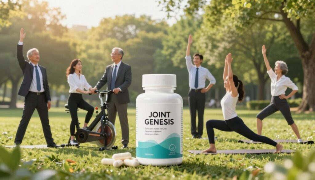 A visually engaging representation of Joint Genesis Supplement, focusing on its role in supporting joint health, flexibility, and mobility. In the foreground, display a bottle of Joint Genesis, elegantly designed, with capsules spilling out beside it. In the middle ground, illustrate a diverse group of adults in professional business attire, demonstrating various physical activities such as stretching, cycling, and yoga, symbolizing vitality and movement. The background should feature a serene outdoor environment, like a park with lush greenery and soft sunlight filtering through the trees, creating a calm and inviting atmosphere. Aim for warm, uplifting lighting that highlights the subjects and enhances the feeling of health and wellness. The image should evoke a sense of vitality, unity, and the importance of maintaining joint health.
