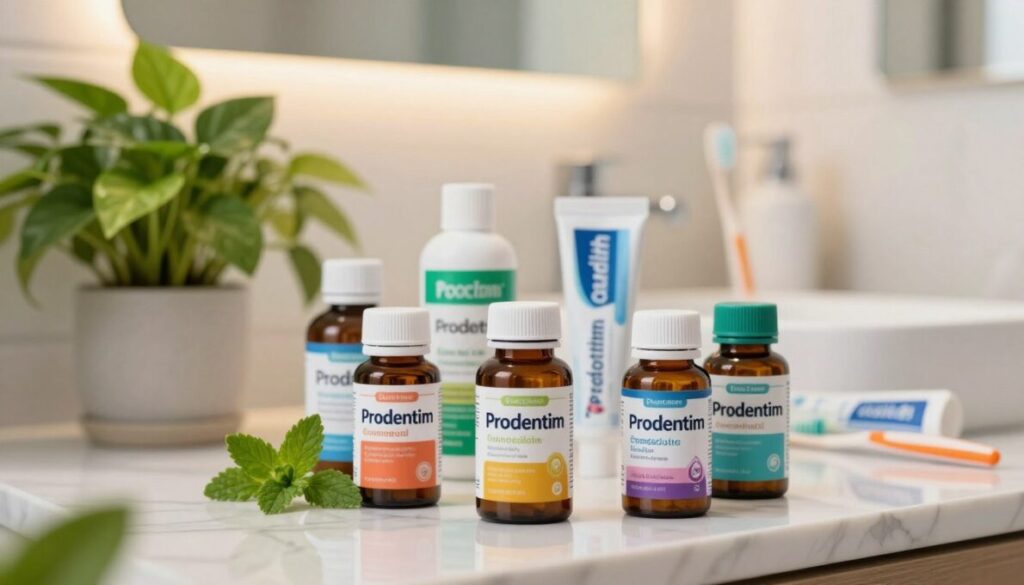 A visually engaging scene showcasing a close-up view of various oral probiotic products, specifically depicting Prodentim. In the foreground, a stylishly arranged display of probiotic bottles with colorful labels and a few fresh herbs, symbolizing natural ingredients used in oral health. In the middle ground, a bright, modern bathroom with a vibrant green plant sitting on a marble countertop, enhancing the freshness and health theme. The background features softly blurred dental care items, like a toothbrush and toothpaste, ensuring a cohesive narrative around oral hygiene. The lighting is warm and inviting, creating a sense of health and vitality, while the angle is slightly elevated, capturing depth and making the products prominent. The overall mood is clean, refreshing, and health-conscious, appealing to the audience interested in wellness solutions.
