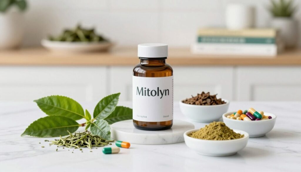 A visually striking composition showcasing the ingredients of Mitolyn, artistically arranged on a clean, white marble surface. In the foreground, feature vibrant green leaves of natural herbs like green tea and guarana, alongside colorful capsules and powdered extracts in small bowls. In the middle ground, add a sleek, modern glass bottle labeled "Mitolyn," emphasizing its branding with a slight shine from soft, ambient lighting. The background should include a blurred kitchen setting with light wooden shelves and quality nutritional books, giving an impression of a health-conscious lifestyle. Utilize natural light to create a fresh and inviting atmosphere, with a shallow depth of field that draws focus to the ingredients. The overall mood should convey wellness and vitality, inviting the viewer to explore the potential of Mitolyn.