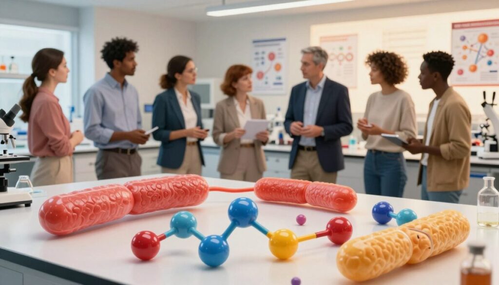 A visually striking illustration of metabolism basics, featuring an intricate diagram depicting the process of fat burning. In the foreground, showcase stylized representations of key metabolic components like mitochondria and glucose molecules rendered in vibrant colors, symbolizing energy transformation. In the middle ground, include a diverse group of professionals in smart casual attire engaged in discussion, emphasizing a collaborative learning environment about metabolism. In the background, a softly lit laboratory setting filled with scientific posters and models related to metabolism, with warm lighting creating an inviting atmosphere. The overall mood is educational and inspiring, invoking curiosity about metabolic functions. The perspective should be slightly angled to enhance depth and clarity, with a focus on conveying a sense of dynamism and innovation in the study of metabolism.