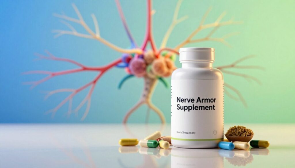 A visually striking overview of the "Nerve Armor Supplement" concept, featuring a sleek, modern supplement bottle prominently displayed in the foreground on a polished, reflective surface. Surrounding the bottle, scatter capsules in various colors that represent natural ingredients. In the middle ground, a soft-focus depiction of human neural pathways illustrated in vibrant colors, symbolizing nerve health and vitality. The background features a gradient that transitions from a calming blue to a fresh green, suggesting wellness and balance. Use warm, soft lighting to create an inviting atmosphere, with the angle highlighting the supplement bottle to convey importance. No text or overlays are present, ensuring a clean, professional appearance suitable for an informative article.