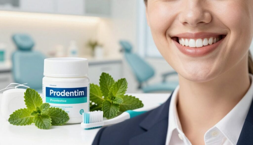 A visually striking scene that captures the benefits of Prodentim, showcasing healthy gums and teeth. In the foreground, a close-up of a bright, smiling person with pearly white teeth, radiating confidence and well-being, dressed in professional attire. In the middle, an artistic arrangement of fresh herbs like mint and green tea leaves, symbolizing the natural ingredients of the probiotic, alongside dental care items like a toothbrush and dental floss. The background features a softly blurred dental office setting, with warm lighting to create a welcoming atmosphere. The overall mood is positive and reassuring, conveying a sense of health and vitality. The image should maintain a clean aesthetic, focusing solely on the theme of oral health without any text or distractions.