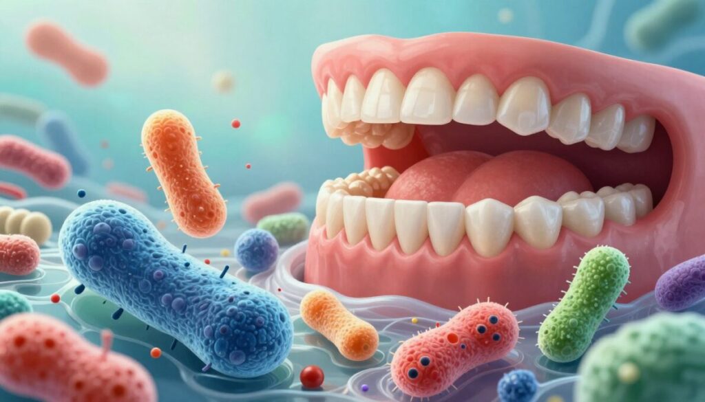 A vivid illustration of the oral microbiome, showcasing diverse bacteria and microorganisms in a colorful, harmonious ecosystem. In the foreground, large, detailed depictions of various bacterial shapes, such as cocci and bacilli, appear vibrant and lively, set against a translucent layer representing saliva. The middle section features a stylized human mouth, showing healthy teeth and gums, with subtle emphasis on the connection between oral health and probiotics. The background comprises a dreamy, softly blurred gradient of blues and greens to evoke a sense of cleanliness and vitality. Soft, diffused lighting creates a serene atmosphere, enhancing the intricate details of the microbes as they interact, symbolizing the balance within the oral microbiome.