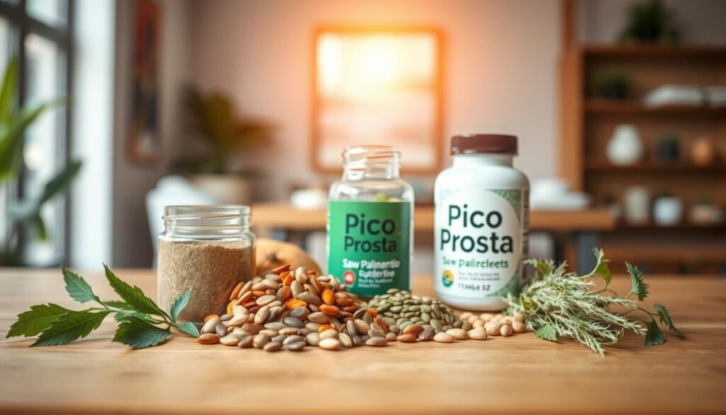 A well-organized tabletop display featuring the ingredients of Pico Prosta, set on a natural wood surface. In the foreground, focus on vibrant herbal and botanical elements like saw palmetto berries, pumpkin seeds, and stinging nettle, artistically arranged alongside a small glass jar filled with a green powder, representing natural supplements. In the middle ground, include a softly glowing bottle labeled "Pico Prosta" with a sleek, modern design. The background should be softly blurred, showcasing a serene indoor environment with warm, natural lighting filtering through a window, creating an inviting and calming atmosphere. Use a shallow depth of field to keep the focus on the ingredients, giving a sense of tranquility and natural wellness, ideal for conveying the essence of natural prostate support.