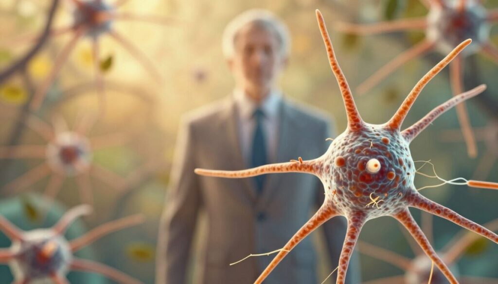 Aging neurons depicted in a close-up, with delicate strands visibly deteriorating, highlighting age-related nerve decline. In the foreground, a stylized neuron structure stands out, with intricate details of axons and dendrites fraying. The middle layer showcases a soft-focus representation of a human silhouette, dressed in professional business attire, implying the impact of lifestyle on nerve health. The background features a serene, slightly blurred natural setting, symbolizing tranquility and wellness, with warm, golden light filtering through leaves, casting soft shadows. The overall mood is reflective yet hopeful, emphasizing the importance of nerve health in everyday life as one ages, captured in an engaging, scientific art style.