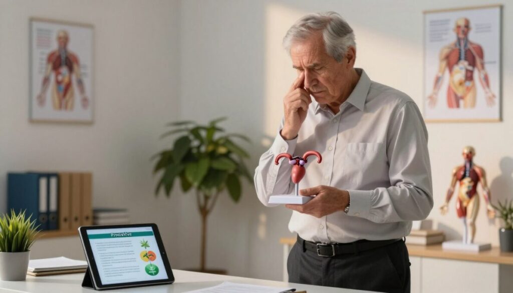 An aged, thoughtfully composed male figure, dressed in a professional, light-colored button-up shirt and dark slacks, portraying concern while holding a small anatomy model of the prostate. He stands in a well-lit, modern office environment with medical charts on the walls, symbolizing awareness of prostate health. In the foreground, a tablet displaying natural supplement information, like ProstaVive, rests on the desk. The middle ground shows a potted plant, contributing to a calm atmosphere, while the background features soft-focus medical books and a model of the male anatomy. The lighting is warm and inviting, casting gentle shadows to emphasize the thoughtful expression, creating a mood of hope and proactive health management as men age.
