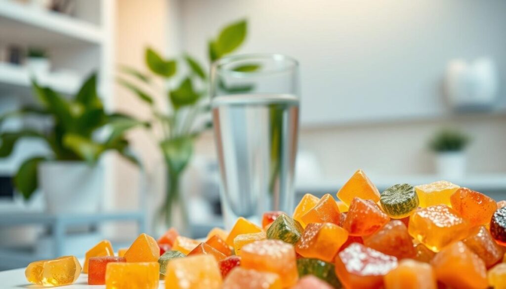 Chewable probiotic candy for oral microbiome balance, displayed prominently in the foreground. The candy pieces are colorful and appealing, showcasing a variety of fruity flavors and shapes, tantalizingly glistening to suggest freshness. In the middle ground, include a sleek, modern glass of water and a vibrant green plant, emphasizing a healthy lifestyle. The background should feature a softly blurred dental office environment, with bright but warm lighting to create a welcoming atmosphere. A gentle focus highlights the probiotic candy while maintaining a sense of cleanliness and oral health, evoking feelings of wellness and innovation in oral care. Use a shallow depth of field to softly blur the background, ensuring the candy is the focal point of the image.