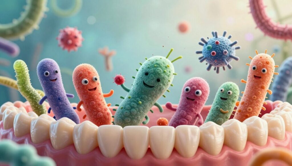 Create a visually engaging representation of the oral microbiome, highlighting the intricate world of bacteria and microorganisms present in a healthy mouth. In the foreground, showcase a magnified view of diverse beneficial bacteria shaped like smiling faces, interacting harmoniously among vibrant, healthy gums and teeth. In the middle, illustrate a dynamic balance of microorganisms, with some multiplying and others forming protective biofilms, all set against a soft, glowing background that evokes a sense of cleanliness and vitality. The background should feature gentle blues and greens reminiscent of nature, softly illuminated as if by a warm, natural light source. The overall mood should be uplifting and informative, portraying the importance of oral probiotics in maintaining gum and tooth health in 2026, emphasizing a sense of modern scientific discovery.