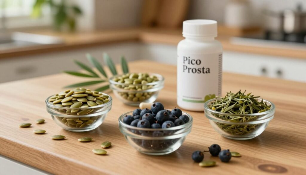 Pico Prosta ingredients displayed artistically on a wooden kitchen countertop. In the foreground, include vibrant, fresh ingredients like pumpkin seeds, saw palmetto berries, and green tea leaves, arranged in small glass bowls. In the middle, showcase a few capsules of the supplement alongside a bottle labeled 'Pico Prosta' without any text. The background features soft, blurred greenery, hinting at a natural atmosphere. Use warm, natural lighting to create a welcoming and healthy vibe, with a subtle focus on the ingredients that support prostate health. The angle should be slightly above to capture the arrangement in an appealing perspective, emphasizing the freshness and natural qualities of the ingredients.