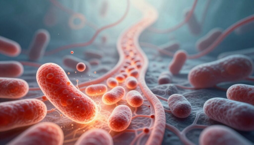 Visualize a striking representation of the "mitochondrial bottleneck": in the foreground, a vibrant and complex illustration of mitochondria, intricately detailed and glowing with energy. In the middle, depict a narrowing pathway symbolic of the bottleneck, transitioning from dynamic, energized motifs to subdued, sluggish forms, representing the transition from efficiency to limitation. The background should feature an abstract representation of fat cells and metabolic pathways, softly illuminated with ethereal light, creating a contrast between the vibrant mitochondria and the darker, sluggish fat cells. Use a low angle perspective to enhance the sense of depth, with a soft focus, reminiscent of scientific illustration, conveying a sense of discovery and insight. The overall atmosphere should be both scientific and hopeful, inviting the viewer to ponder the complexities of fat metabolism.