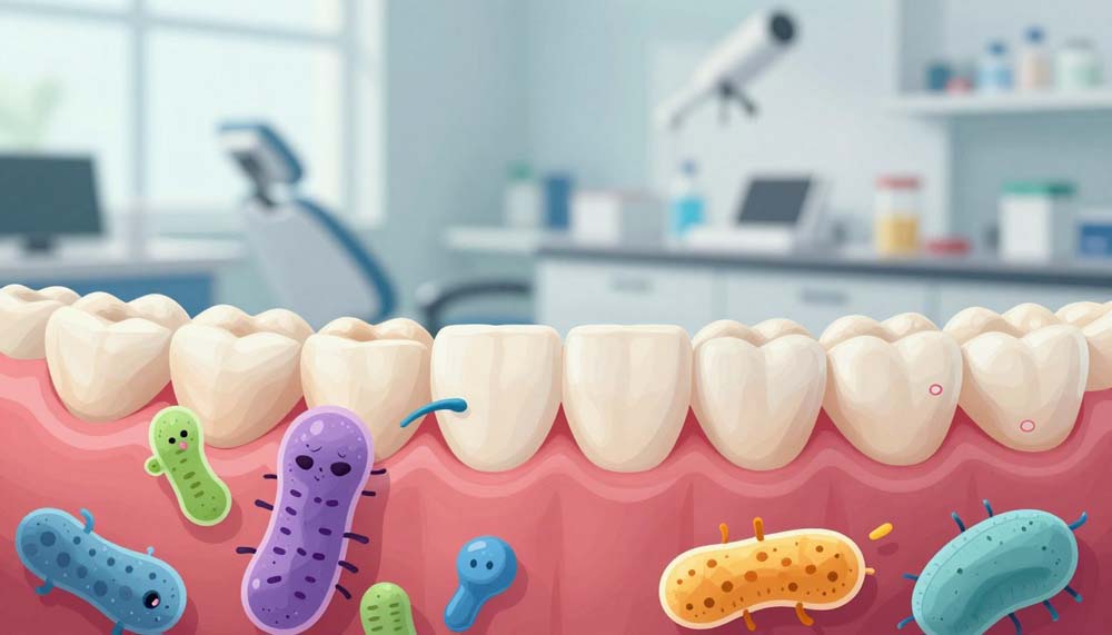 A vibrant and detailed illustration of the oral microbiome, showcasing a diverse array of beneficial bacteria and microorganisms that promote dental health. In the foreground, a highly magnified view of friendly bacteria, depicted in colorful hues of blue, green, and purple, surrounded by healthy gum tissue and teeth. The middle ground features a stylized mouth that emphasizes the importance of oral probiotics, with clear, glossy enamel and firm gums. The background includes a soft-focus gradient of calming pastel colors, creating a serene atmosphere that invokes a sense of wellness. The lighting is bright and inviting, mimicking a laboratory setting with a focus on clarity and detail, shot from a microscopic perspective to enhance the educational aspect of the image.
