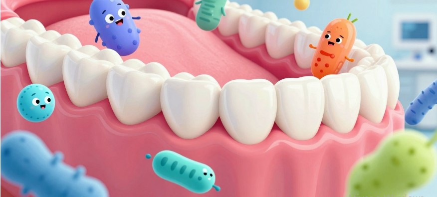 A visually striking representation of oral microbiome balance, showcasing a vibrant and diverse array of probiotics in a colorful, stylized design. In the foreground, magnified illustrations of beneficial b