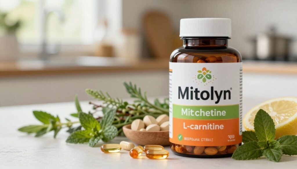 A close-up image of a bottle of Mitolyn mitochondrial support supplement prominently displayed in the foreground, with detailed product label showcasing vibrant, health-focused colors. The middle ground features a selection of natural ingredients like coenzyme Q10, L-carnitine, and various herbs artfully arranged, symbolizing the supplement's natural composition. The background softly blurs with a warm, inviting kitchen setting, illuminated by natural light filtering through a window, creating an energetic yet tranquil atmosphere. The overall mood conveys vitality and well-being, with a focus on health and metabolism support. No people are present in the image, ensuring a clean and professional presentation suitable for the article.