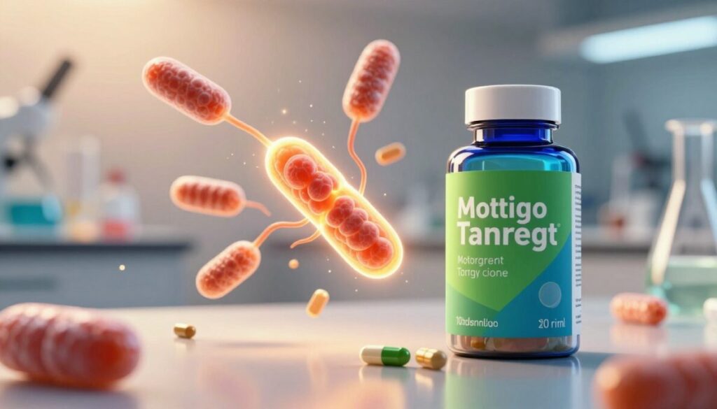 A dynamic and engaging image illustrating a mitochondria-targeted supplement. In the foreground, depict a sleek, modern bottle of a dietary supplement with a design that emphasizes energy and vitality, showcasing vibrant colors like green and blue. The middle ground features stylized, artistic representations of mitochondria—detailed and glowing, symbolizing cellular energy production. In the background, a soft-focus laboratory setting, illuminated with warm, inviting light, suggests scientific innovation and health. Add subtle reflections on a glossy surface to create depth. The overall mood should be energetic and inspiring, conveying a sense of wellness and advanced nutritional science, utilizing a high-resolution lens effect to enhance clarity and impact.